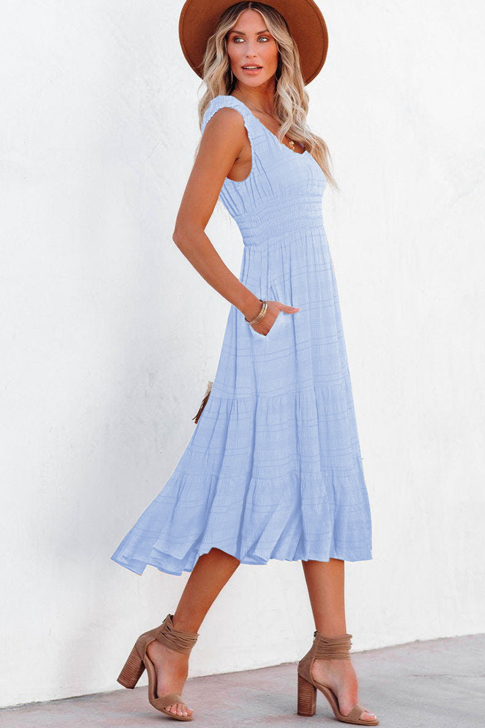 Apricot Shirred Pleated Square Neck Sleeveless Midi Dress