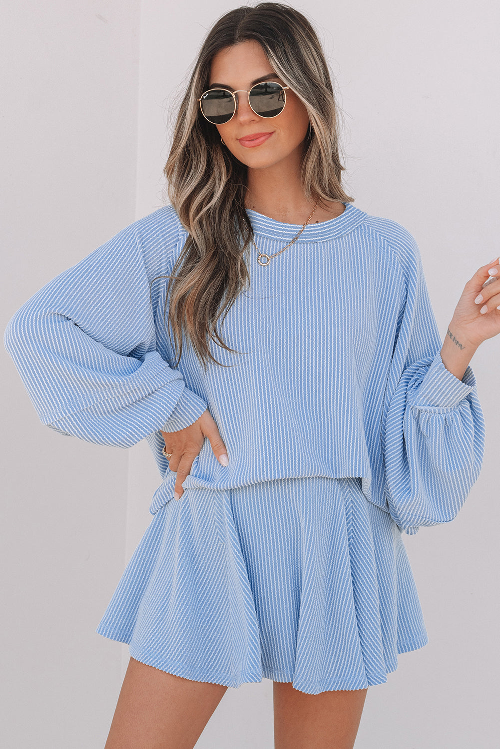 Jet Stream Corded Lantern Sleeve Top High Waist Ruffled Mini Skort Set Sky Blue 75%Polyester+20%Viscose+5%Elastane