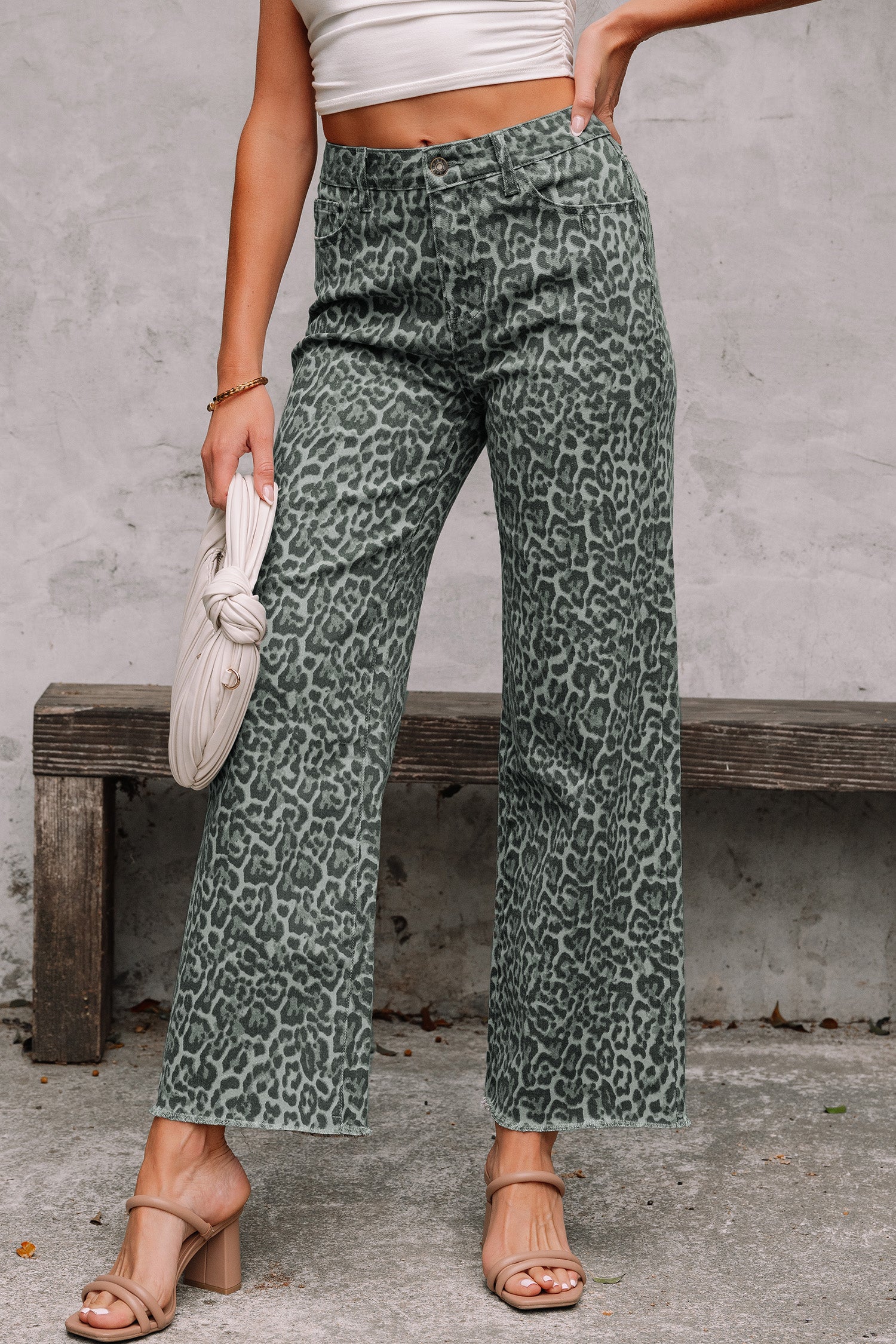 Brown Leopard Frayed Edge Wide Leg High Waist Jeans Gray1 65%Cotton+33%Polyester+2%Elastane