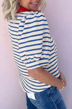 Black Stripe Short Puff Sleeve Color Block Polo Collar Blouse