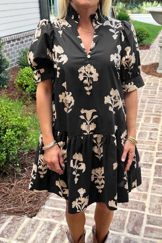 Black Frilled V Neck Puff Short Sleeve Floral Mini Dress Black 55%Cotton+45%Viscose