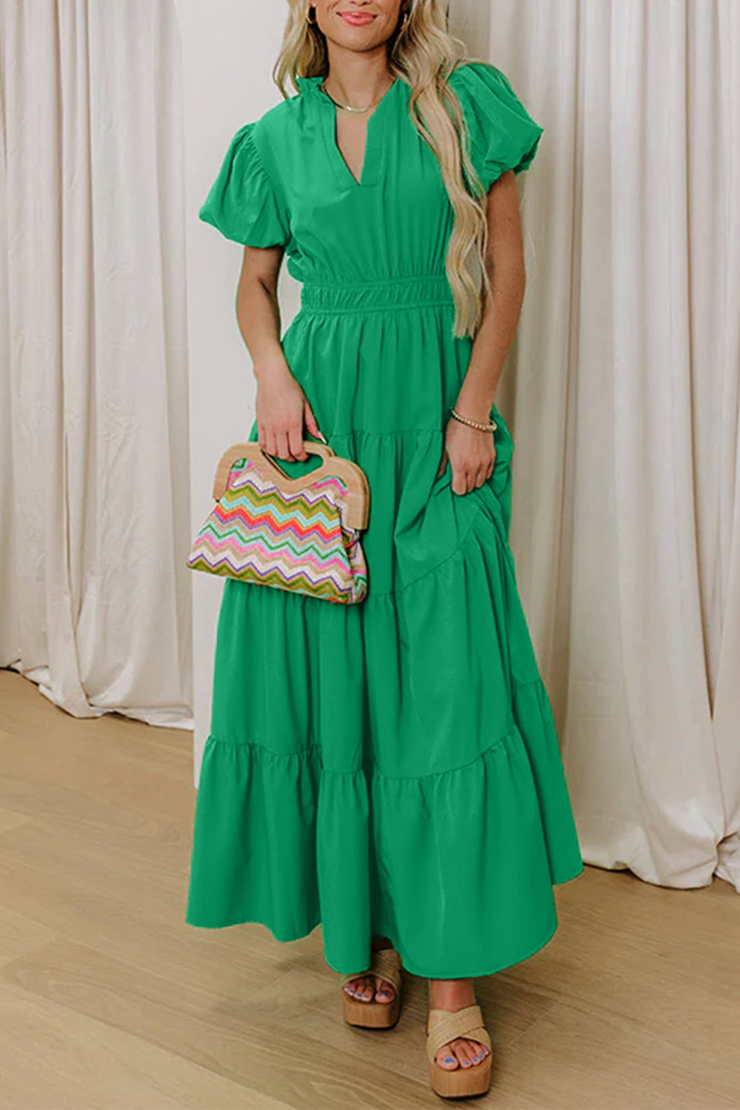 Gossamer Pink Solid Color V Neck Short Puff Sleeve High Waist Tiered Maxi Dress Bright Green 100%Polyester