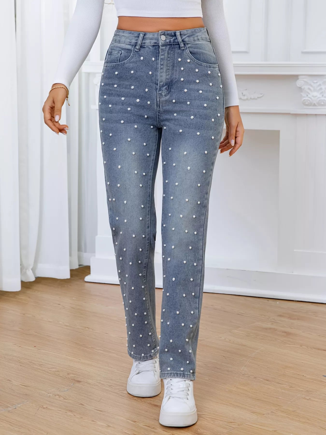 Pearl Embellished High Waist Straight Jeans Sea blue
