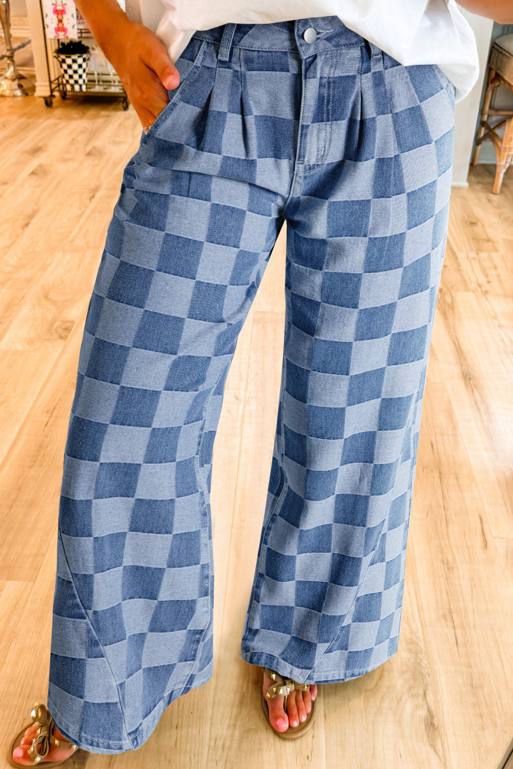 Dark Grey Checkered Denim Wide Leg Jeans Dusk Blue 50%Polyester+50%Cotton
