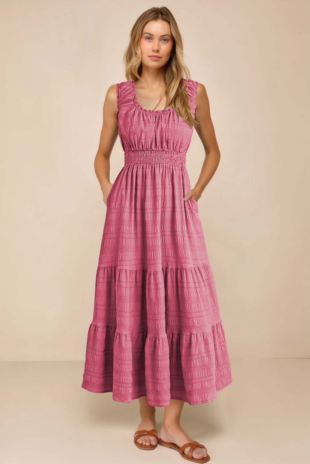 Apricot Shirred Pleated Square Neck Sleeveless Midi Dress