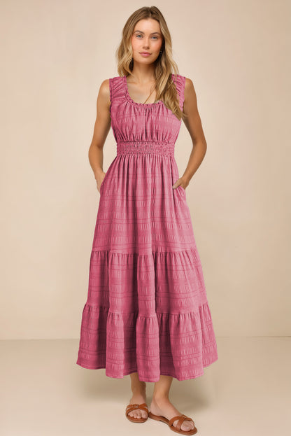 Apricot Shirred Pleated Square Neck Sleeveless Midi Dress