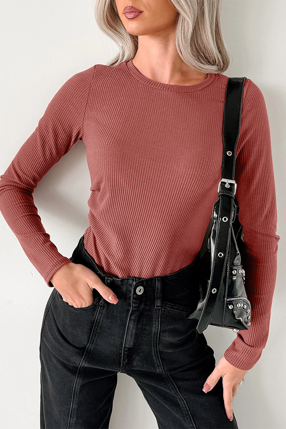 Mineral Red Ribbed Long Sleeve Crew Neck Solid Color Bodysuit Mineral Red 93%Viscose+7%Elastane