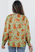 Green Tiger Floral Printed Collared V Neck Casual Shirt